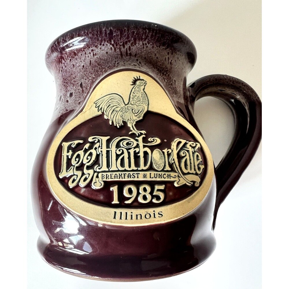 Deneen Pottery Coffee Mug Cup Egg Harbor Cafe Geneva IL Maroon Drip Glaze 2015